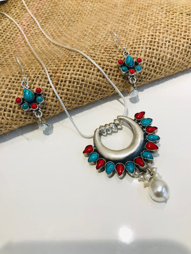 925 Coral Turquoise Stone Pendant Set